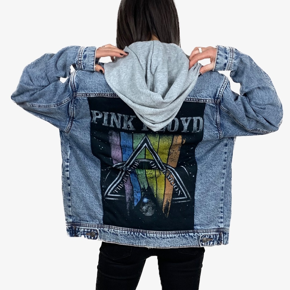 Handmade Hooded Acid Wash Denim Jacket - Pink Floy